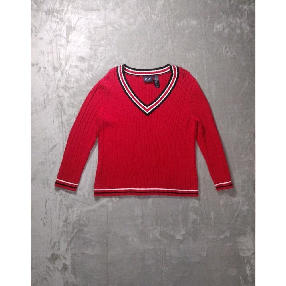 Liz Claiborne Vintage Sweater V Neck Cable Knit Red White Accent Sz XL